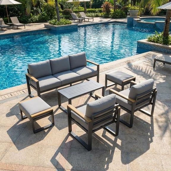 Aluminum Patio Furniture Set, 7-Seat Outdoor Conversation Set with Coffee Table, 6-Piece All-Weather Metal Sectional Sofa with Washable Cushions for Balcony, Garden, Deck, Backyard,Gray