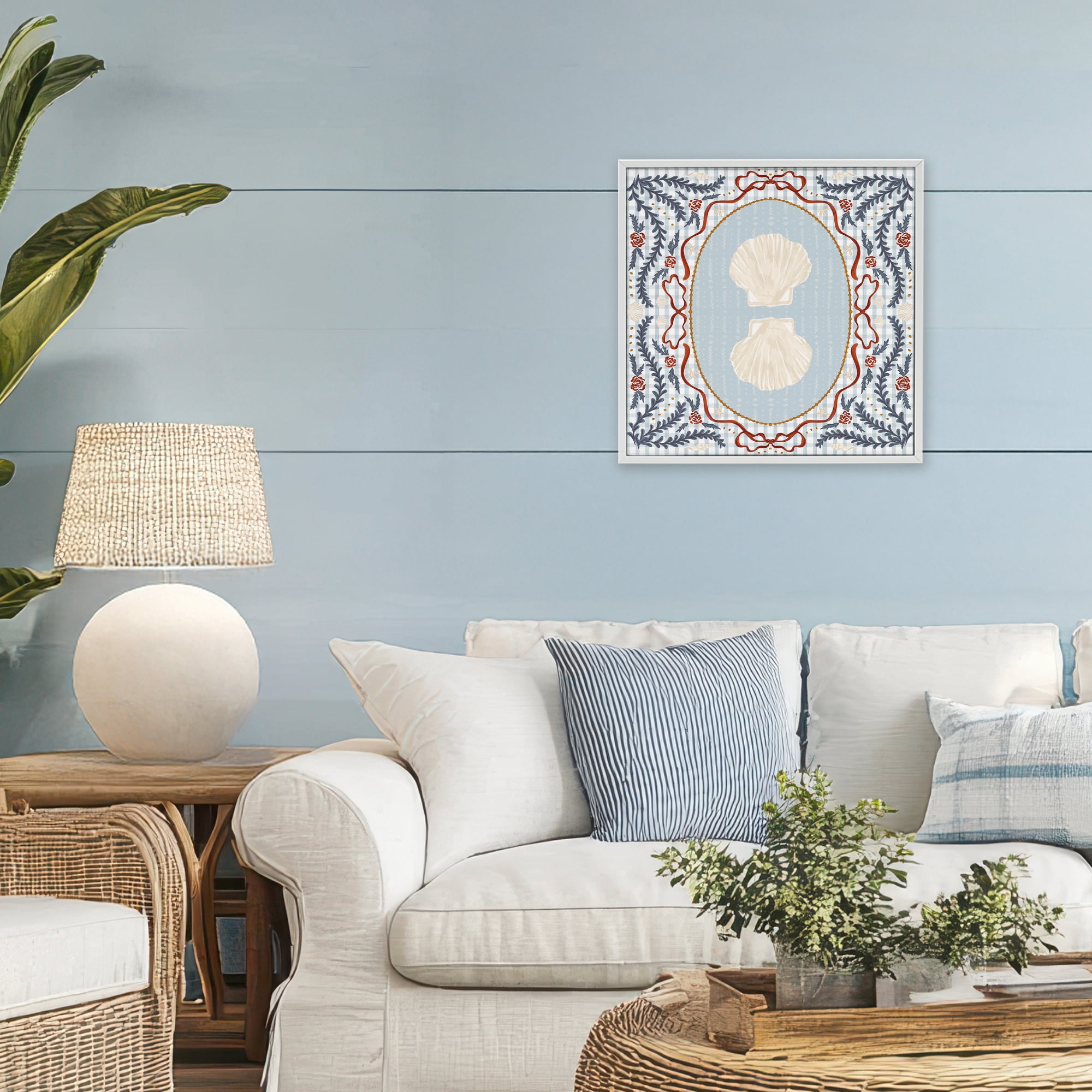 Stupell Industries Shells Portrait on Gingham White Framed Giclee Art, design by Vero Illustrates