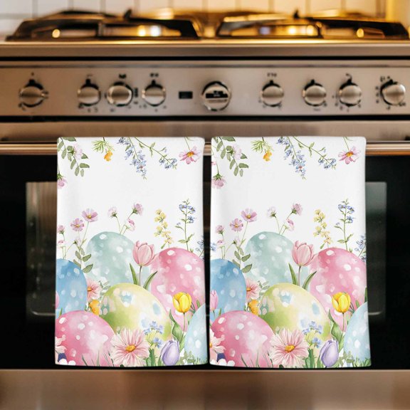 Easter Eggs Kitchen Towels Set of 3, Country Wildflower Spring Watercolor Botanical Absorbent Dish Towels for Kitchen, Microfiber Hand Towel, Quick Drying Tea Towel for Cleaning Decorative Dishcloths