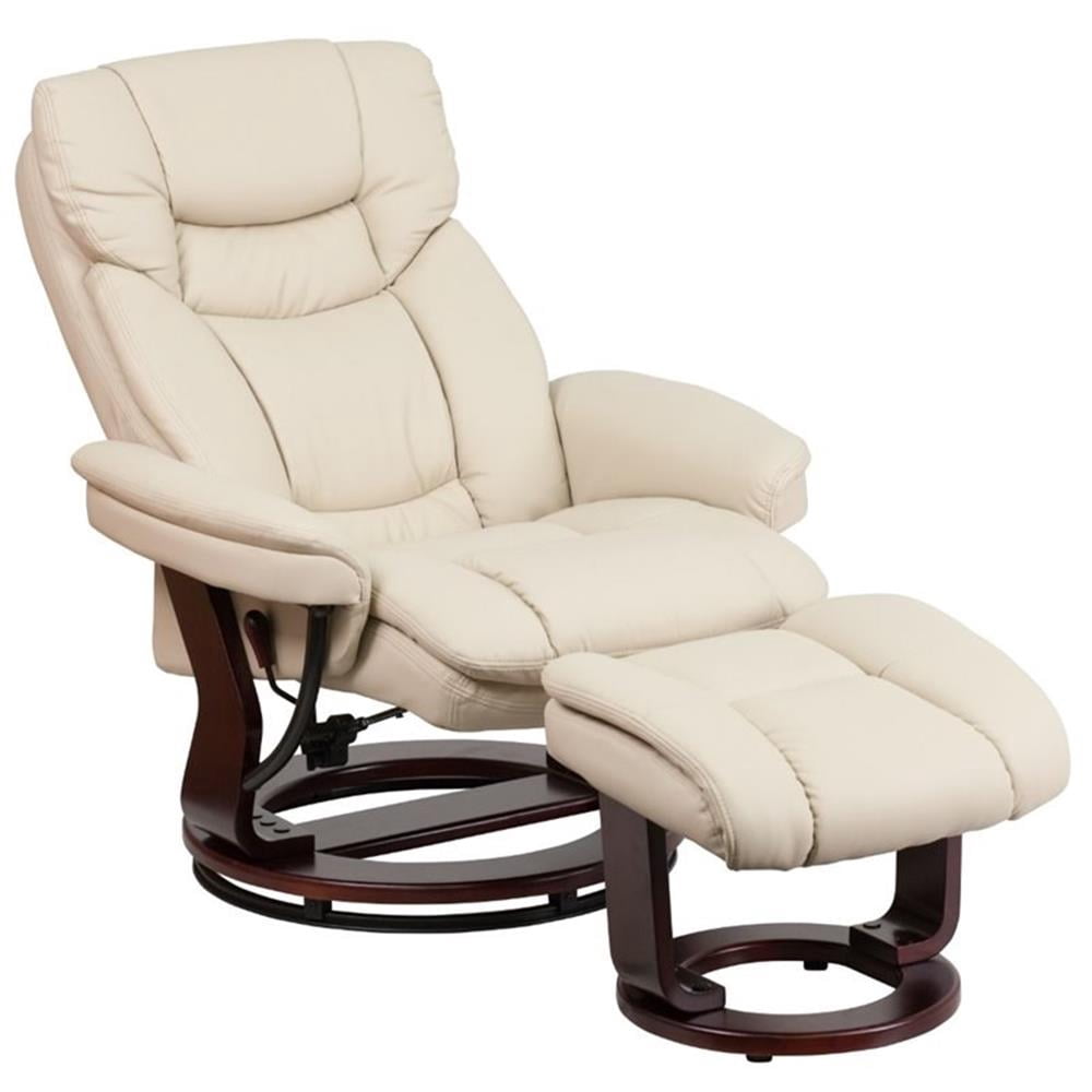 Bowery Hill Contemporary Leather Swivel Recliner and Ottoman in Beige