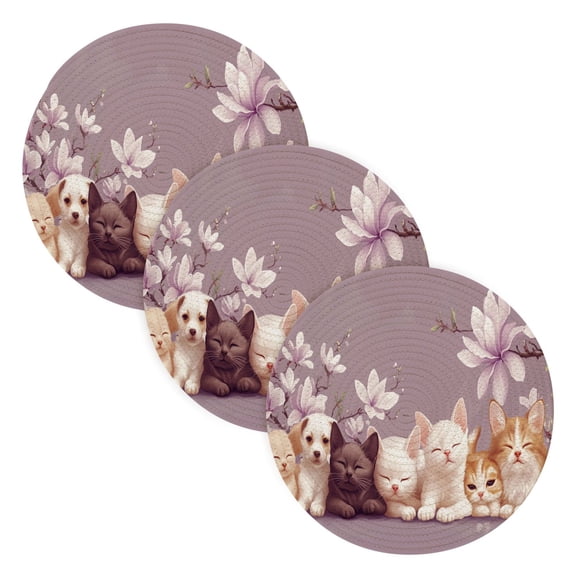 BZSMCE Mats for Pots,Pans Place Kittens and Puppies with Flowers Simple Style Pattern Pot Mats