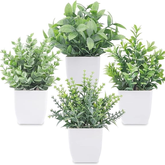 4 Packs Fake Plants Mini Artificial Greenery Potted Plants Faux Eucalyptus for Spring Decor Home Indoor Office Table Shelf Room Bathroom Farmhouse Decor (White)