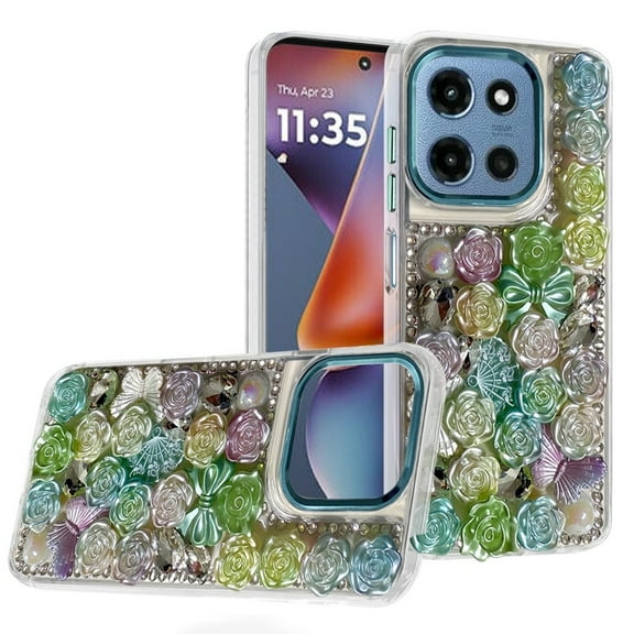 For Motorola Moto G 5G 2025 Muti-Color Rose Bling Stones Ornaments Case - Green