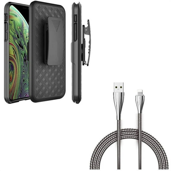Case Belt Clip w Metal USB Cable for iPhone XS/X - Holster Swivel Cover Kickstand Armor, 6ft Charger Cord Power Wire Braided for iPhone XS/X