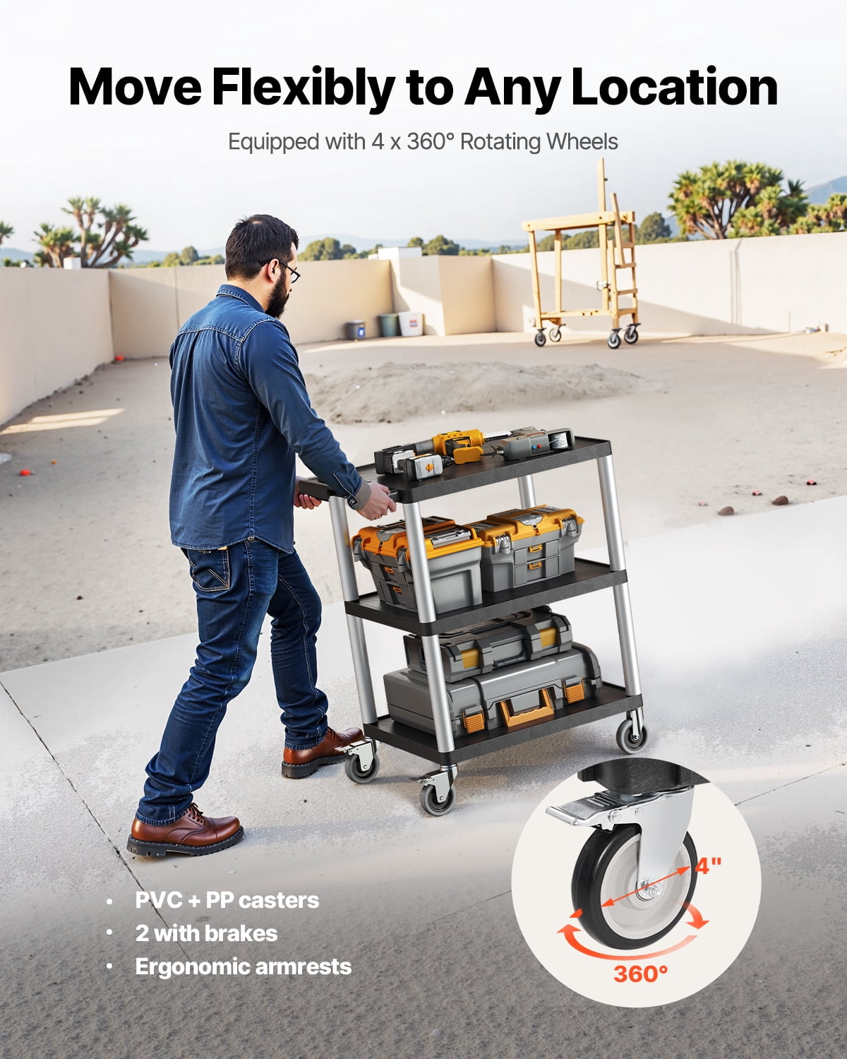 VEVOR Utility Cart, 300 lbs Load Capacity, 27.6 x 18.1-inch Service Cart, Three-Shelf Heavy Duty Plastic Utility Cart with 360° Swivel Wheels (2 with Brakes), Suitable for Warehouse, Garage