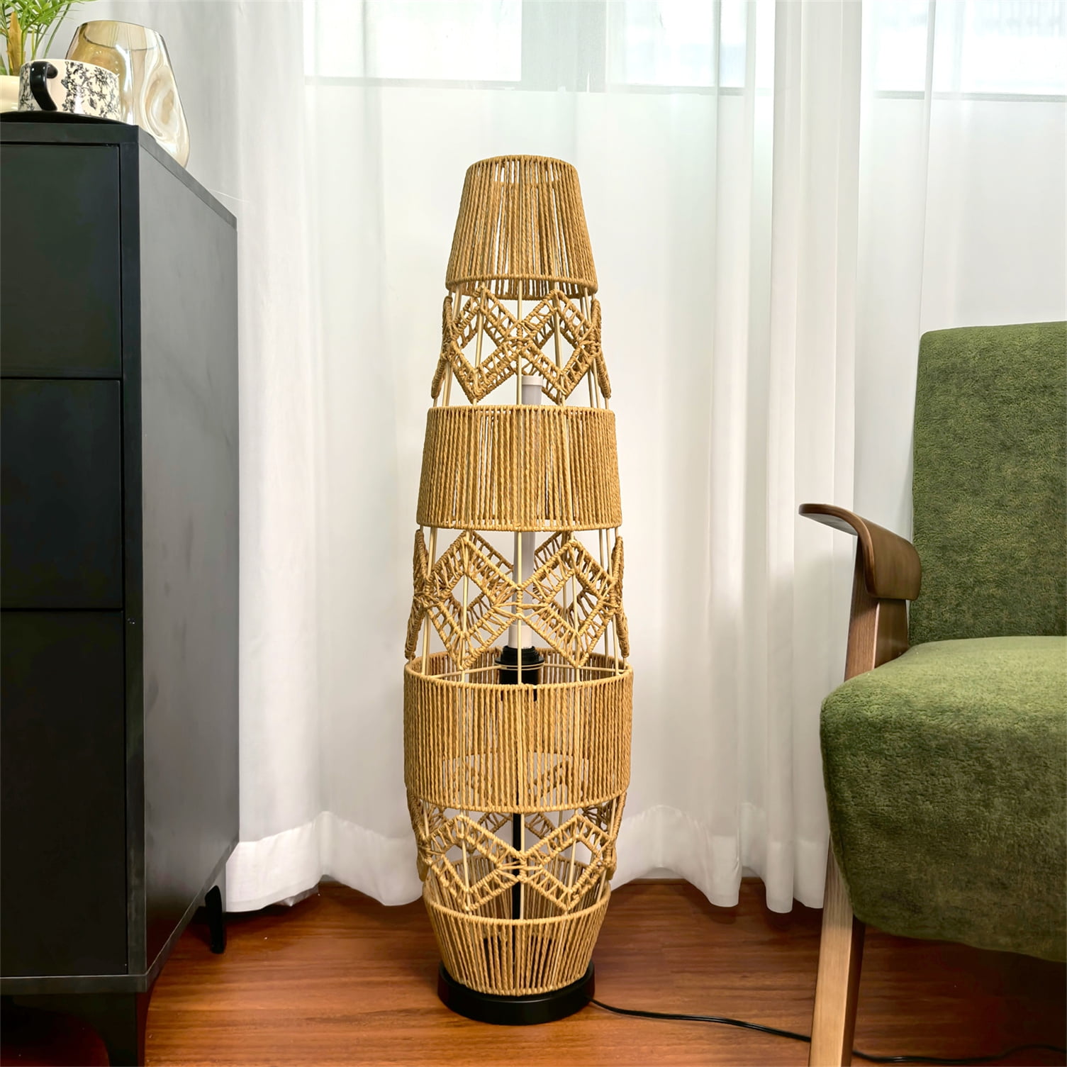 LUVODI 36.61 inch Standing Lamps 3 Color Temperatures Woven Wicker Boho Lantern Bedside Floor Lamp with Foot Switch