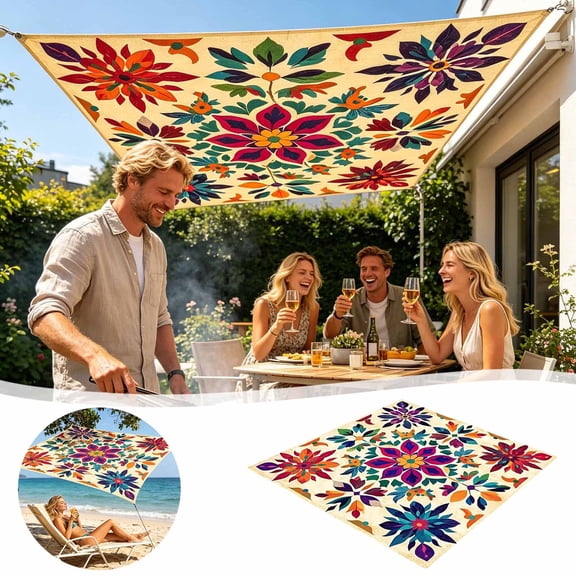 Bohemian Floral Outdoor Sun Shade Sail, Breathable Polyester UV Block Patio Tarp Cover for Backyard Garden Porch