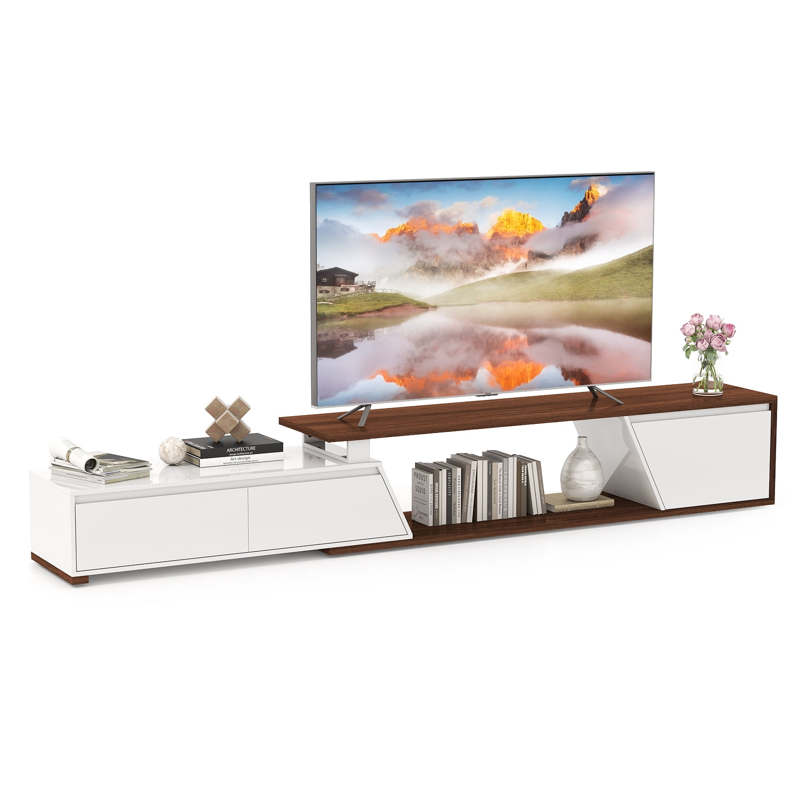 JOIVI Extendable LED TV Stand, Modern Entertainment Center with 2 Drawers, Sliding Tabletop Media Console with Storage Cabinet for Living Room, 71.0" - 106.3", White