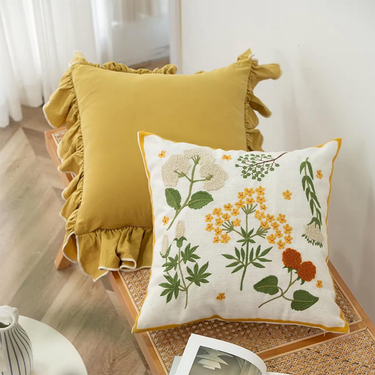 Fennco Styles Embroidered Spring Floral Decorative Filled Throw Pillow 18" W x 18" L - Yellow Flower Woven Cushion for Home, Couch, Living Room, Bedroom, Office and Holiday Décor