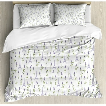 Eiffel Duvet Cover Set King Size, Pattern with Lavender Flowers Eiffel Tower Rustic Spring Inspired Botany, Decorative 3 Piece Bedding Set with 2 Pillow Shams, Lavender Green White, by Ambesonne