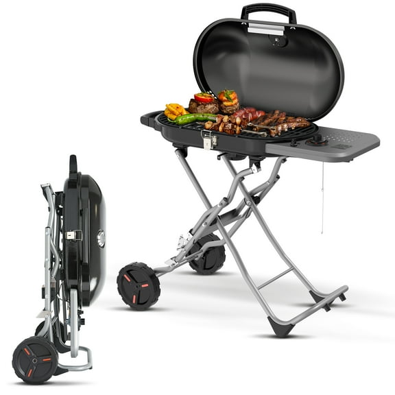 LHRIVER Portable 348 sq.in Stand-Up Propane Grill, 15000 BTU Folding Gas Grill Cart with Side Table & 2 Wheels for Camping, Patio
