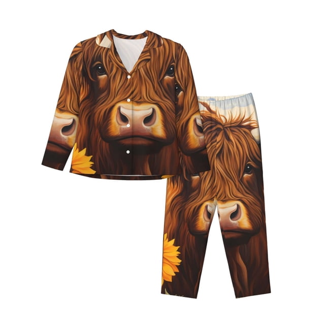 Balery Countryside Sunflower Cow Conjunto de Pijama con Estampado para Mujer, Conjunto de Dos Piezas con Manga Larga, Ropa de Dormir Suave con Bolsillos, Pijamas Cómodos-Medium
