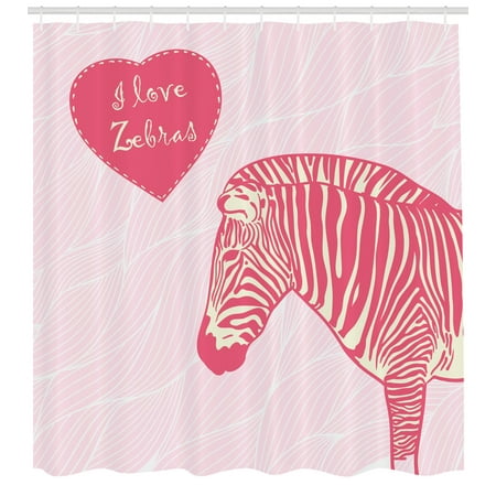 Home Fashions Zebra - Pink Zebra Shower Curtain, I Love Zebras in Heart Romantic Wilderness Nature Savannah Fashion, Fabric Bathroom Set with Hooks, 69W X 70L Inches, Pink Ivory Pale Pink, by Ambesonne