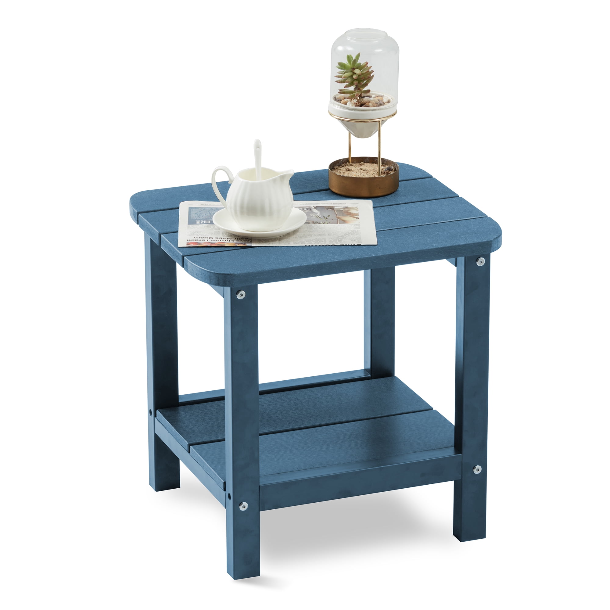 Kingyes Outdoor Patio Side Table, Small Square Plastic End Table, Blue