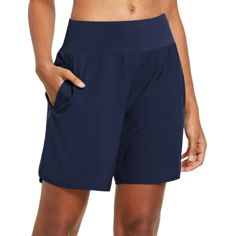 BALEAF Women's 7 Inches Running Short Tummy Control Back Zipper Pocketed  Lounge Active Gym Shorts with Liner Navy Size XXL