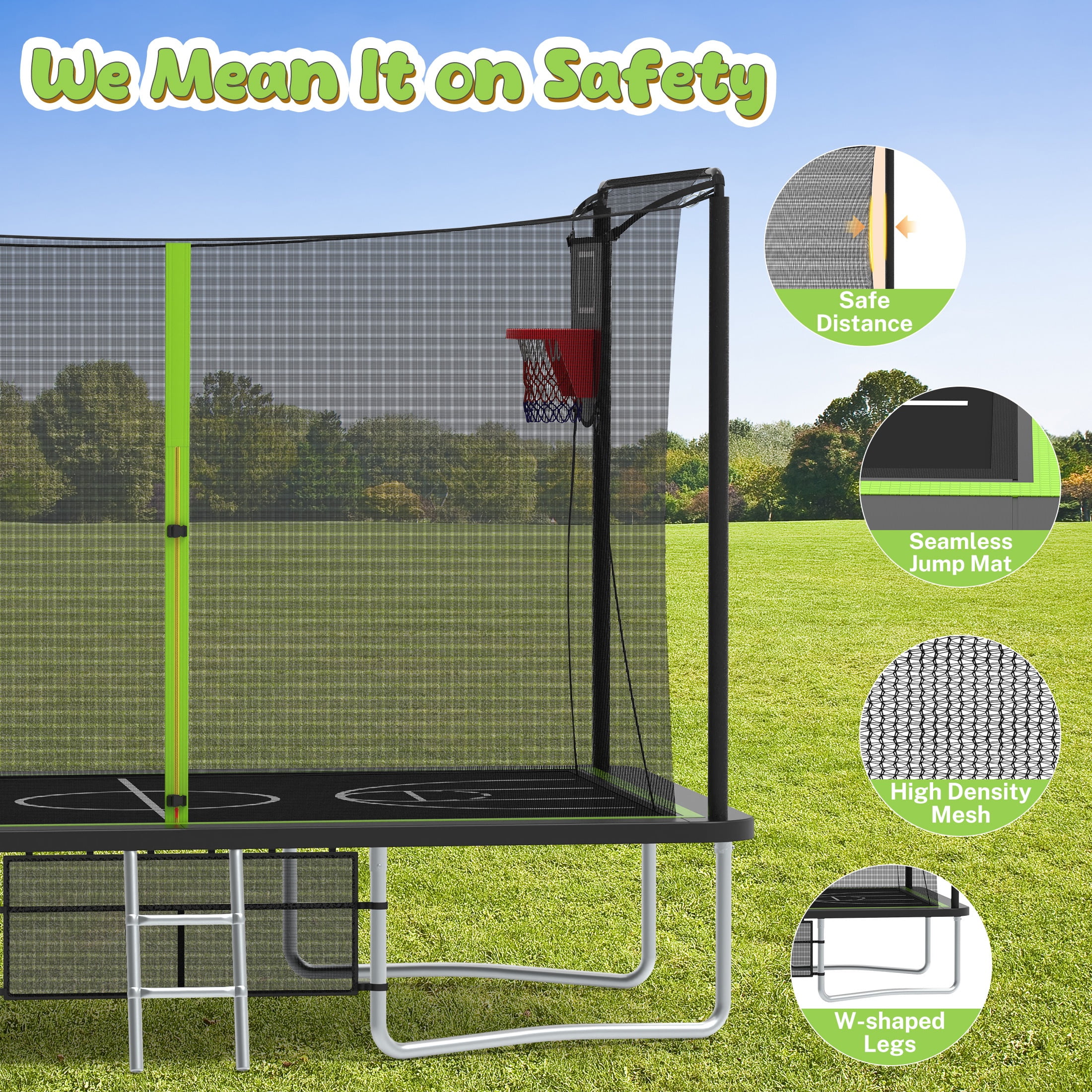 8 ×12FT Large Trampoline for Kids and Adults, SHINPT Outdoor trampoline with 2 Basketball Hoops, Big Trampoline with 360° Safety Net, Kids Trampoline Outdoor with Football Net with 1600LBS Capacity