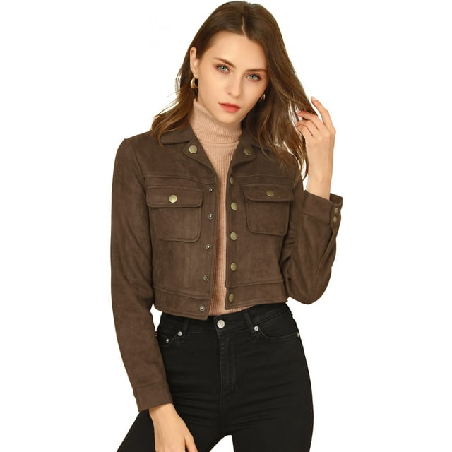 INSPIRE CHIC Veste Moto Courte en Faux Suède à Col Rabattu pour Femmes