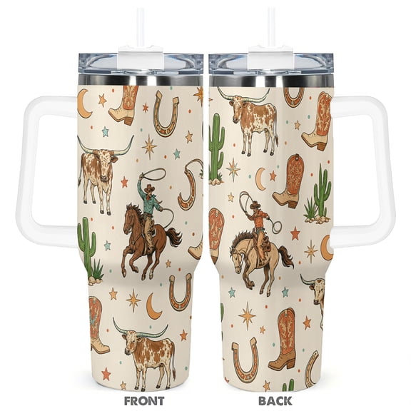 Western Cow Cactus Watercolor 40oz Travel Tumbler Cup With Handle Lid And Straw