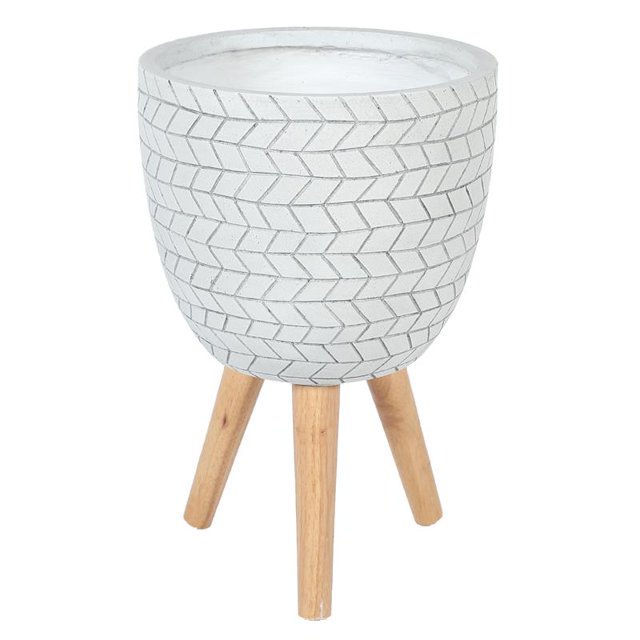 LuxenHome Jardinière Ronde MgO Design Cube Blanc 14,6 Po avec Pieds en Bois