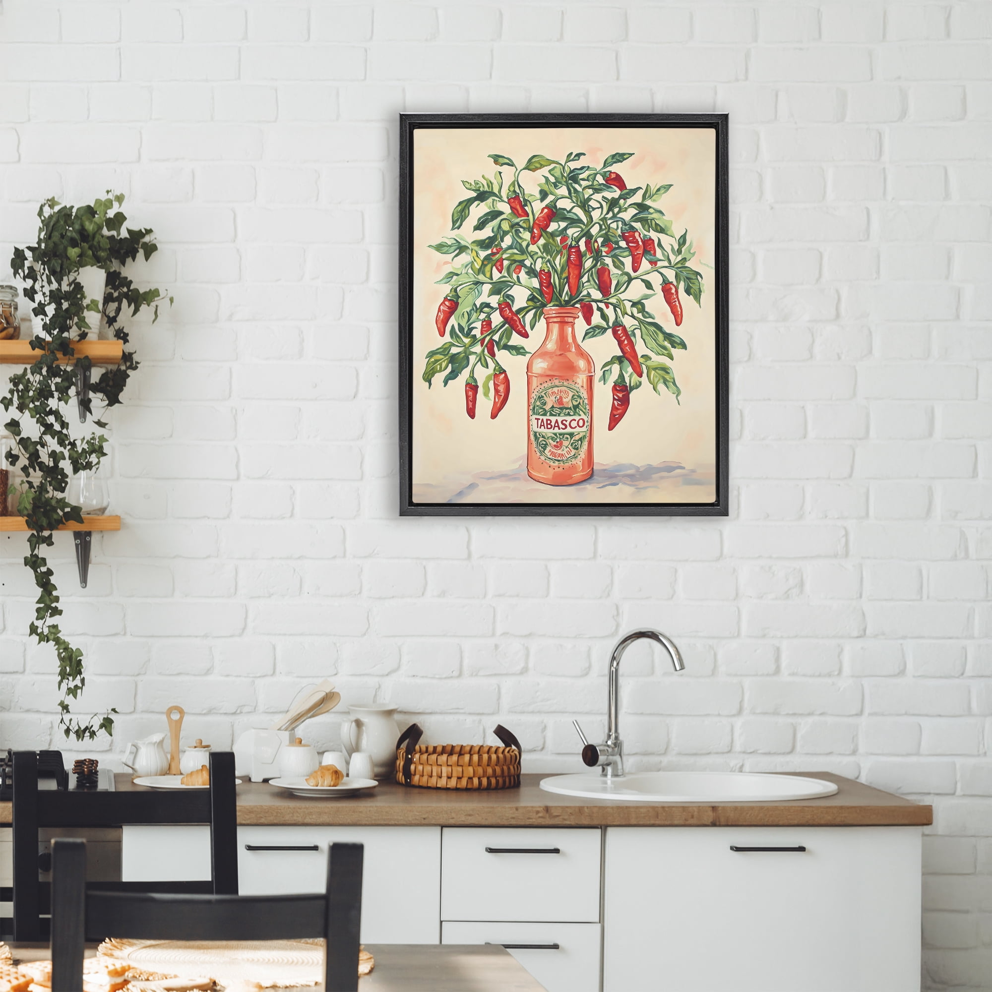 Stupell Industries Chili Peppers in Hot Sauce Vase Black Framed Floater Canvas Wall Art, design by The Prints Vibe