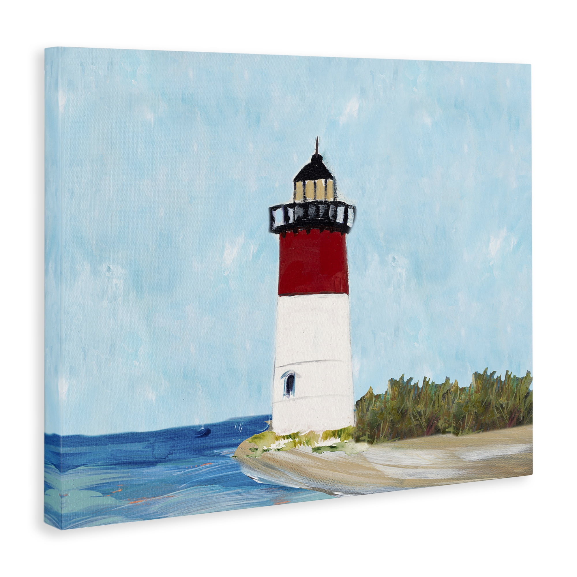 Stupell Industries Coastal Lighthouse on Blue Coastal Painting Gallery Wrapped Canvas Art Print Wall Art, 30 x 24