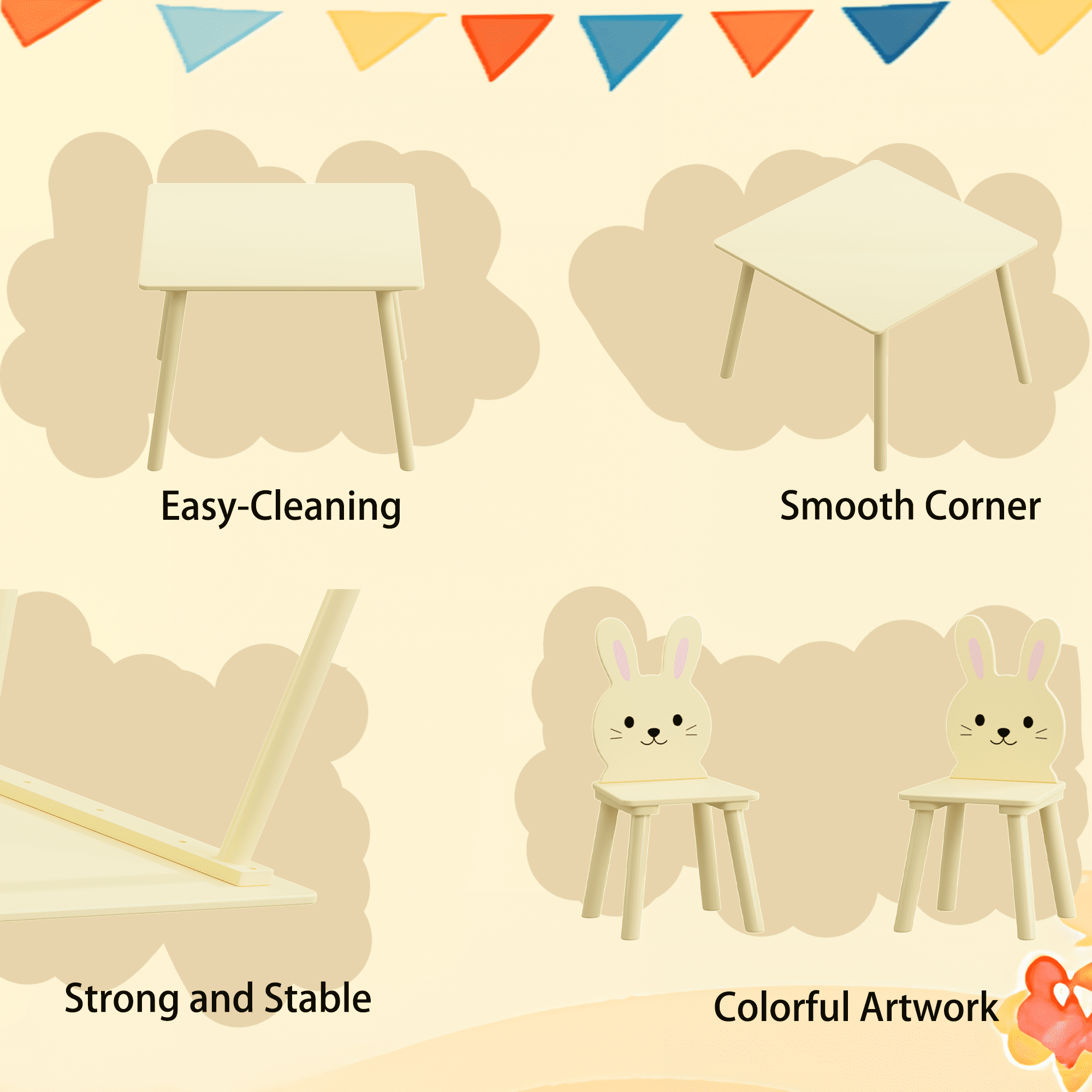Kids Table and Chair Set with 2 Bunny Chairs, Children's Wooden Activity Table for Toddlers, Cute Animal Design Study Play Set for Playroom, Bedroom, Classroom