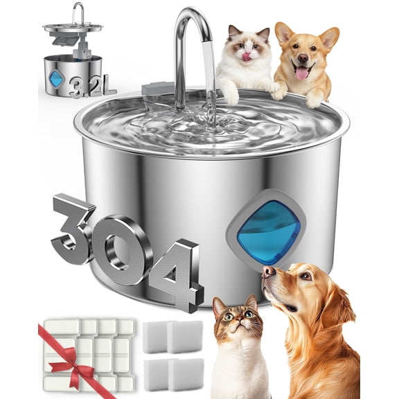 Dog Water Bowl, 3.2L Dog Water Fountain, Quad-Purification System and Continuous Circulating Water Flow,Stainless Steel Easy-to-Clean,Quiet Operation,Water Bowl for Dog Cat (Bowl 4Set Filter)