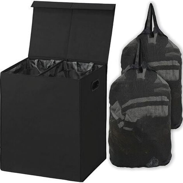 Cesta de ropa sucia doble Apuakthei con tapa y bolsas de ropa sucia extraíbles, color negro