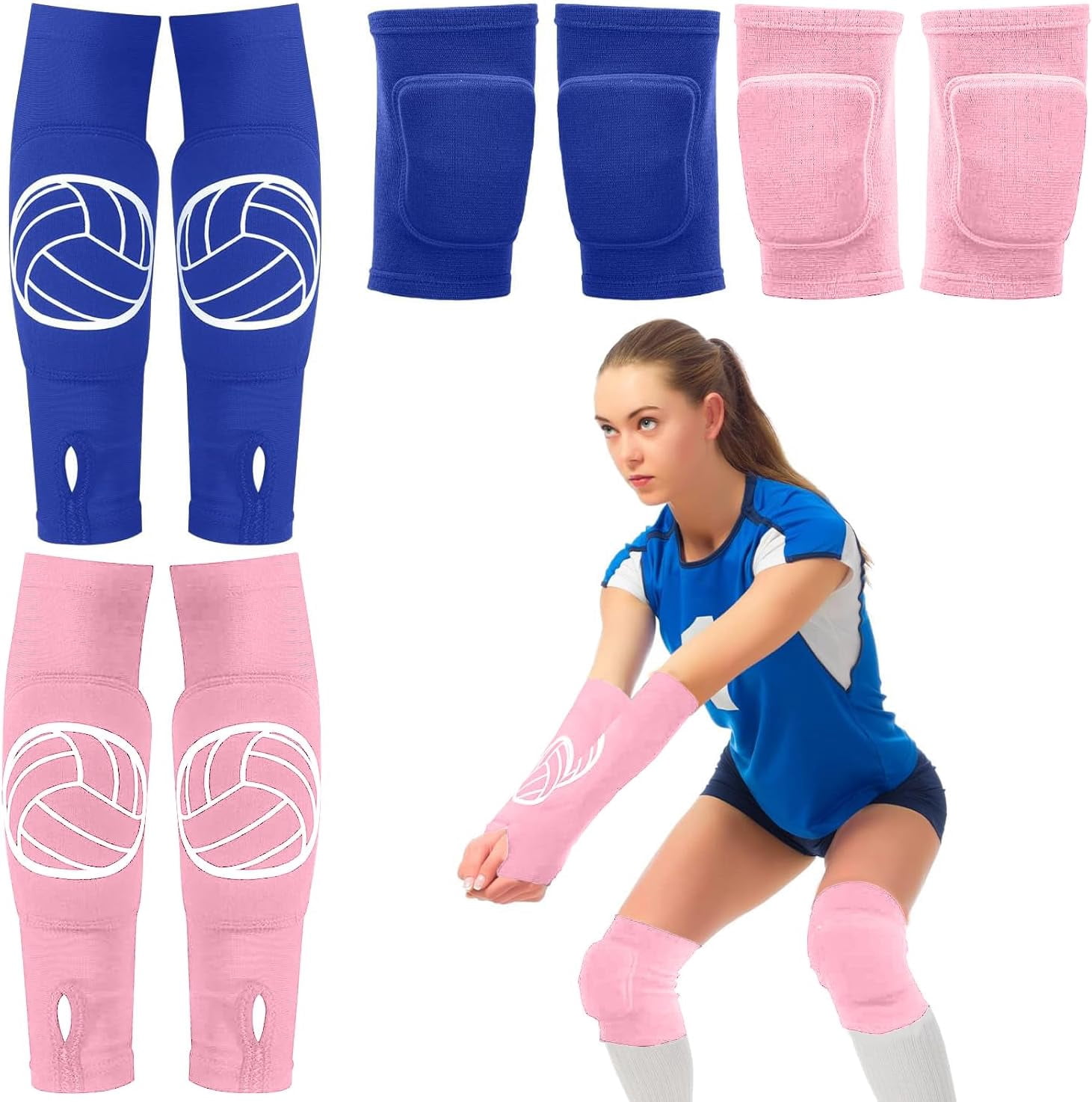 BURIBURI 2 Set Volleyball Knee Pads and Volleyball Arm Sleeves with Protection Pad Compression Forearm Wrist Guard with Thumb Hole Soft Breathable for Hitting Passing