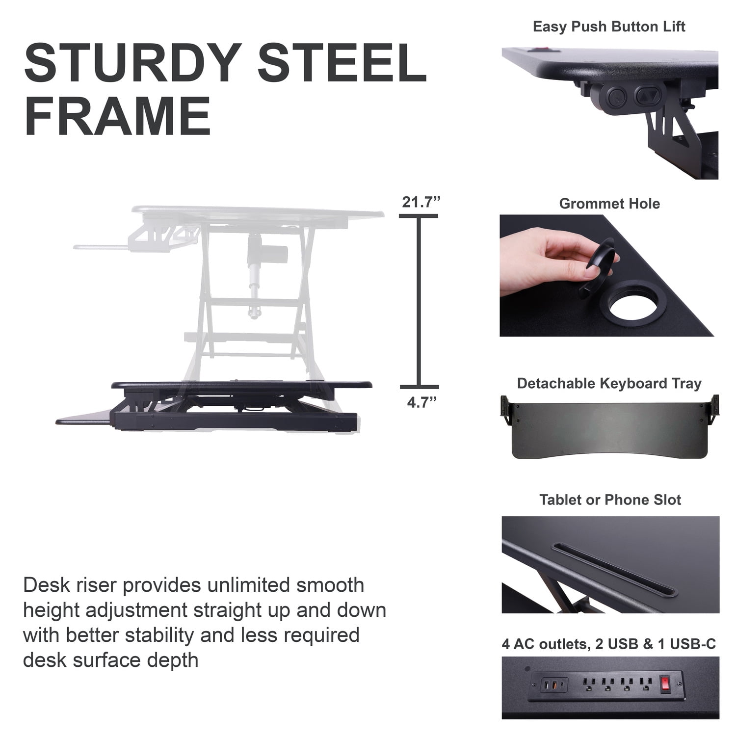 Rocelco 46" Electric Standing Desk Converter with USB and Floor Mat in Black