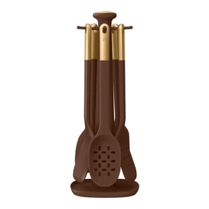 Beautiful 6-Piece Silicone Utensil Set with Rotating Rack, Chocolate