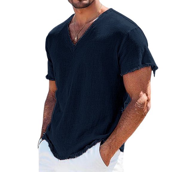 JULMCOMO Cotton Linen T Shirts for Men V Neck Short Sleeve Fringe Raw Hem Comfy Summer Shirt Casual Classic Tees Navy 3XL