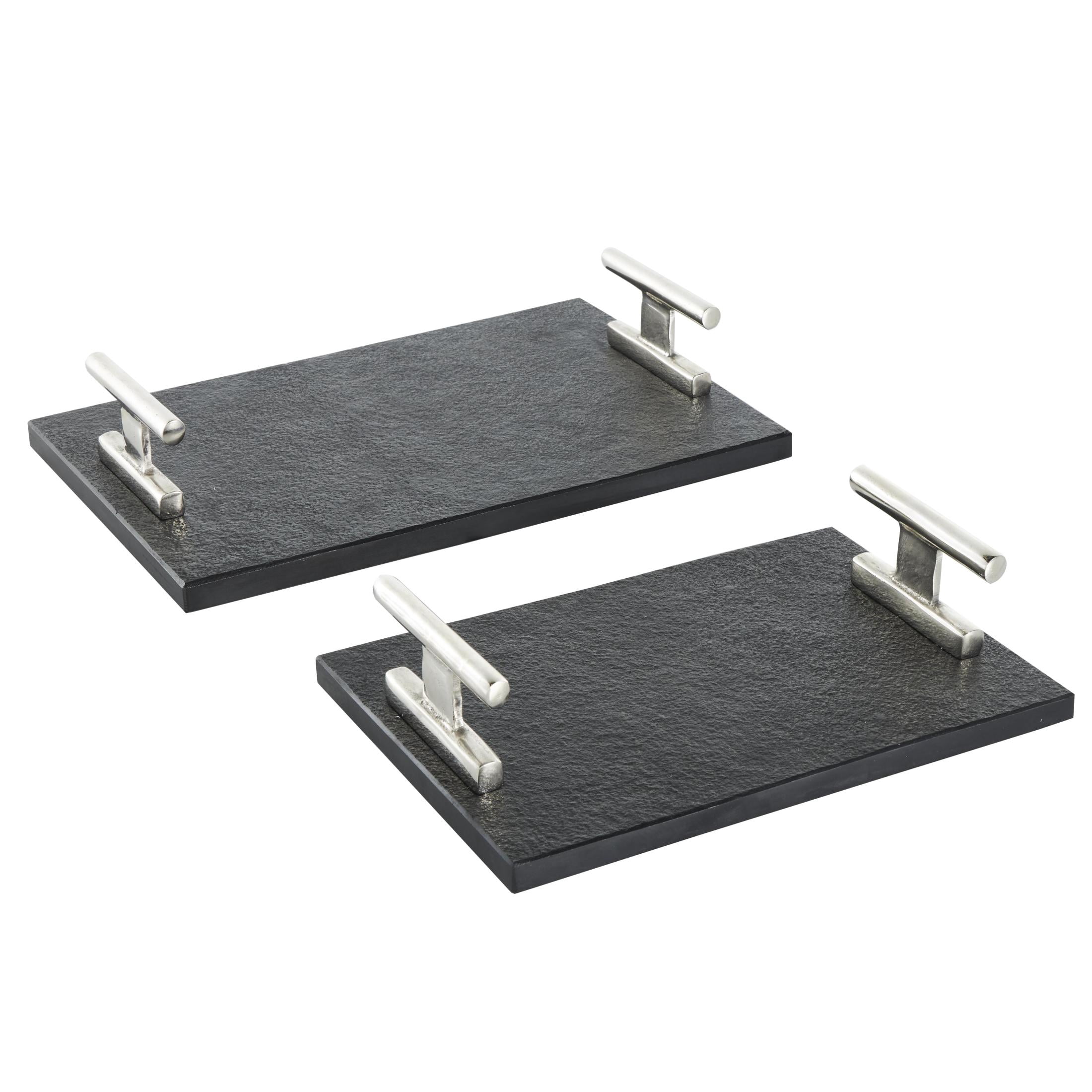 DecMode 15", 12"W Black Marble Textured Tray with Silver Handles, 2-Pieces
