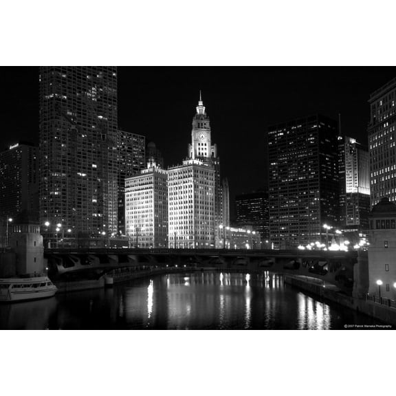 Art.com Black And White Of Chicago River Photographic Print by Patrick Warneka, 18" x 12"
