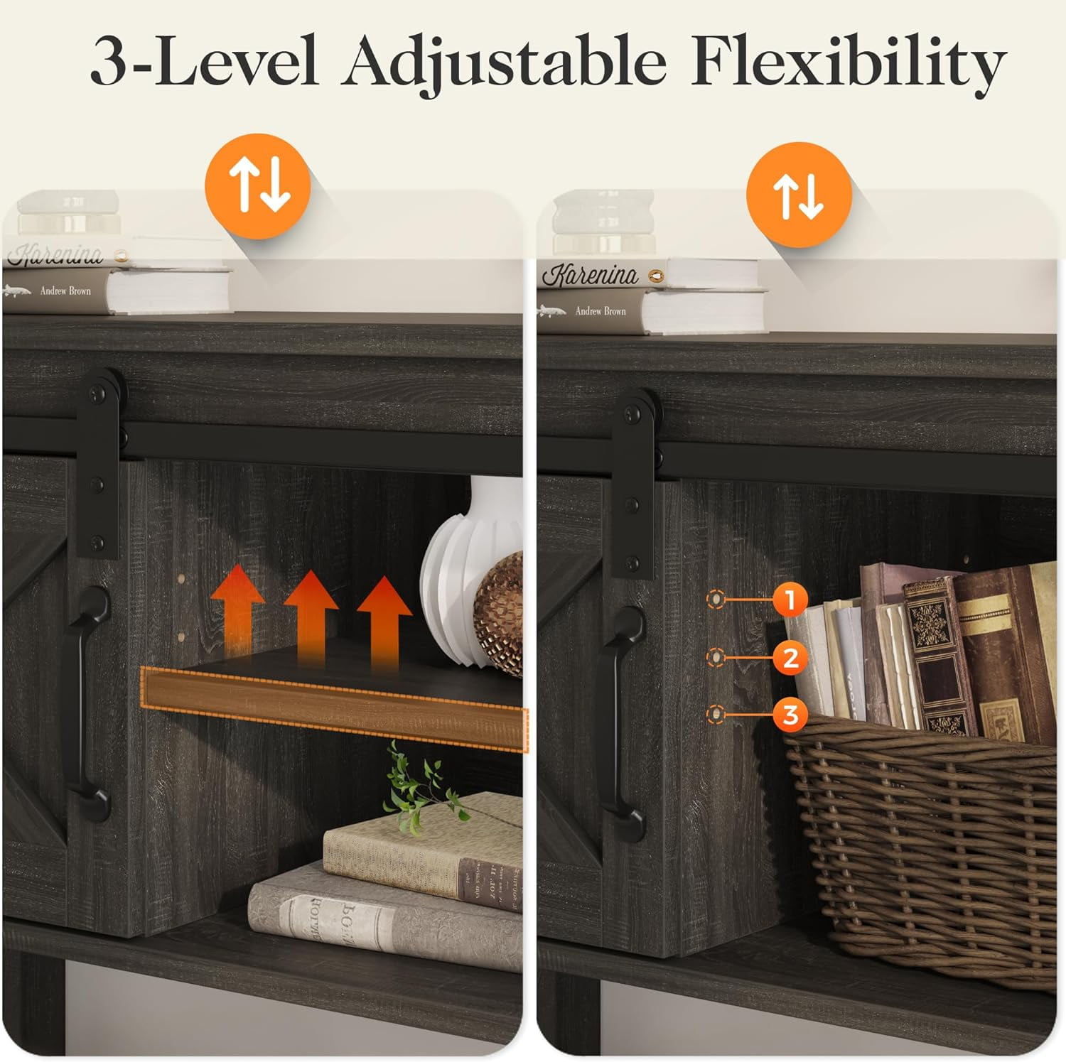 SUNVIVI Entryway Table with Storage Cabinets, 46" Modern Farmhouse Console Table with Sliding Barn Door, Wood Rustic Sofa Table with Adjustable Shelf for Hallway, Living Room