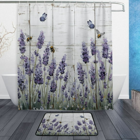 Bathroom Sets Curtain and Rug Sets 23.6x15.7 in Non-Slip Mat and 60x72 in Shower Curtain for Home Bath Dcor Lavender and Bees