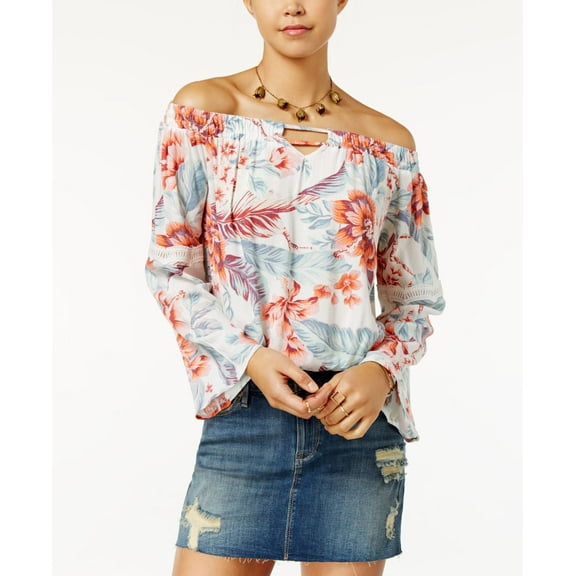 American Rag Juniors' Printed Off-The-Shoulder Bell-Sleeve Top (Cream Print, L)