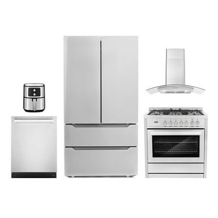 5 Piece Kitchen Package with 36" Freestanding Dual Fuel Range 36" Wall Mount Range Hood 24" Built-in Fully Integrated Dishwasher French Door Refrigerator & 5.5L Electric Hot Air Fryer