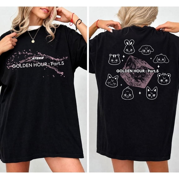 2 Sided Retro Ateez Golden Hour Part 5 Graphics T-Shirt, Vintage Music Theme Casual Tee, MHS01