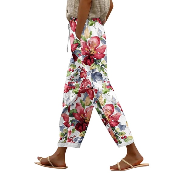 YUANGUANST Women's Wide Leg Pants Women's Spring And Summer Casual 3D Printed Back Pocket Cotton And Linen Pants Office Slacks