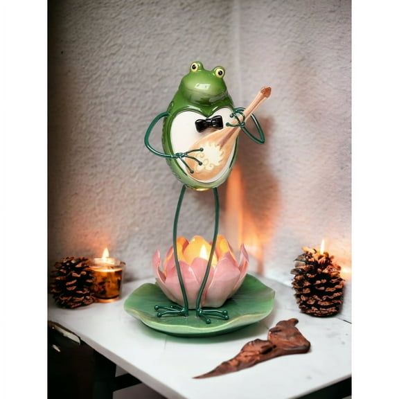 Ceramic Frog Banjo Tealight Candle Holder 9" Gift for Nature Lovers