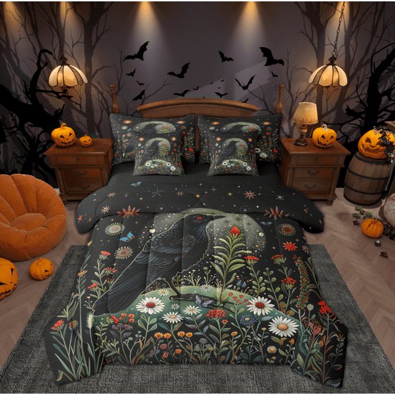 Manfei Hippie Black Crow Twin Bedding Sets 7-Piece for Kids, Rustic Groovy Floral Bedding Comforter Set, Tribal Bohemian Style Reversible Sheet Sets, Super Cozy Room Decor