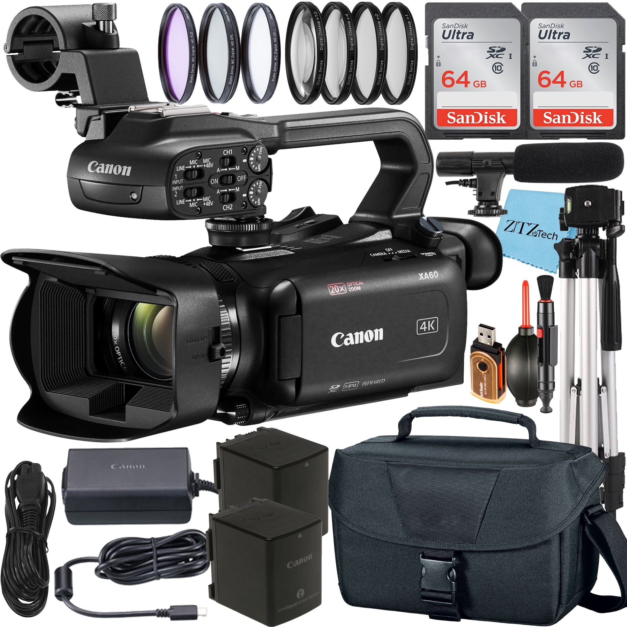 Canon XA60 Professional UHD 4K Camcorder with 2 Pack SanDisk Memory Card + Case + Tripod + Filter Kit + + ZeeTech Accessory Bundle - Walmart.com