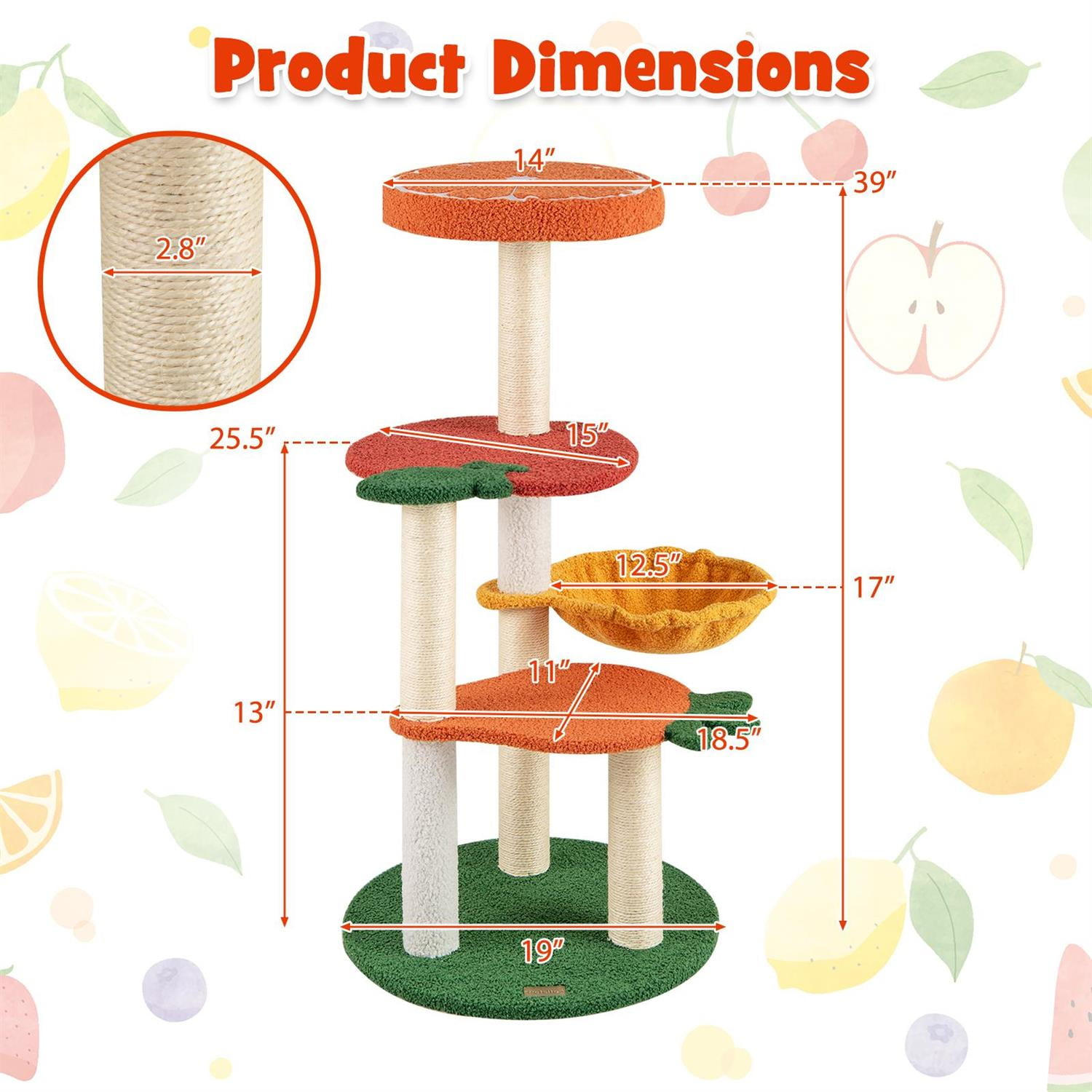Pefilos Multi-Level Cat Activity Center, Fruit-shaped Platforms, Sisal Scratching Posts, Red & Orange