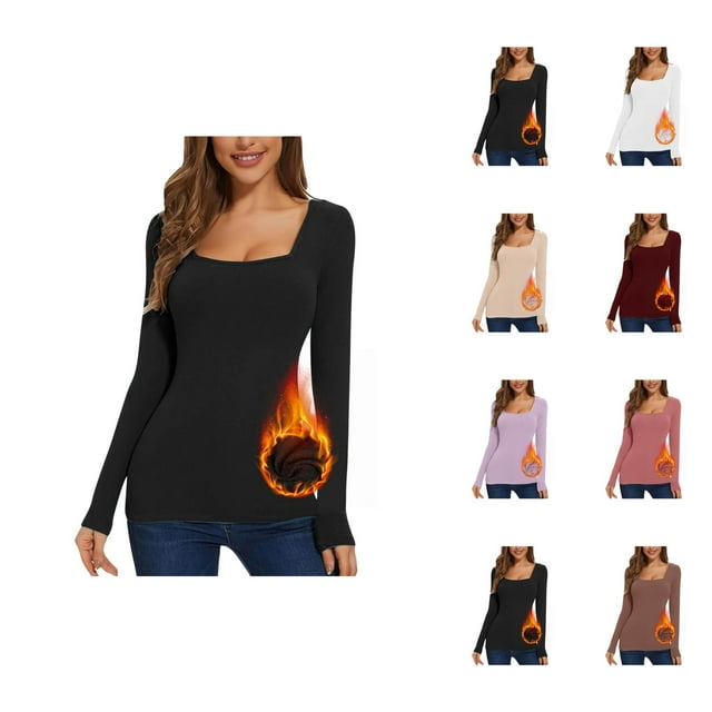Womens Long Sleeve Shirts 2026 Fall Winter Basic Square Neck Slim Fit Breathable Undershirt T Shirt