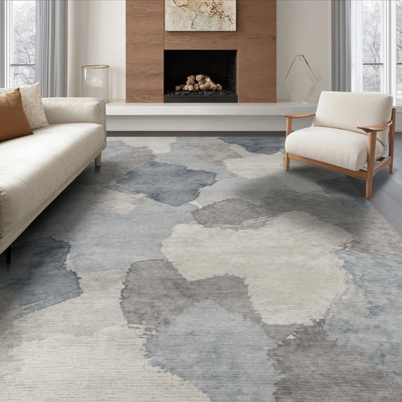 ODIKA 8'x10' Washable Area Rug Large Grey Farmhouse Gradient Motif Neutral Palette Abstract for Dining Room, Office, Lounge, Non-Slip Chair-Friendly Mat