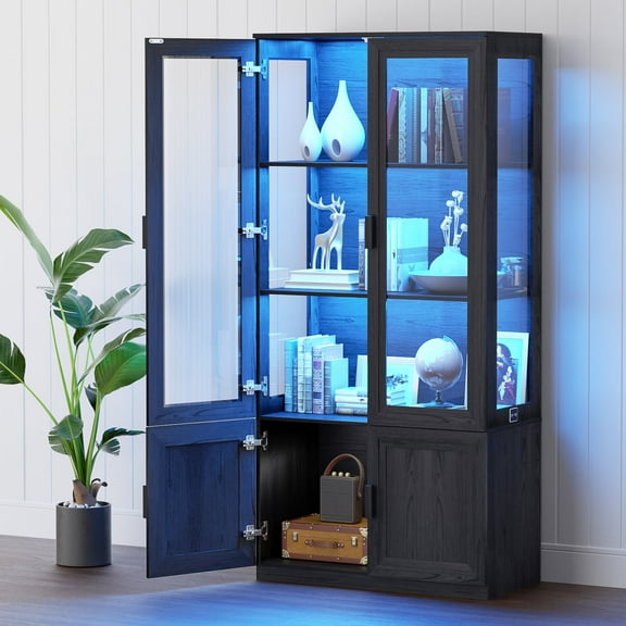 MIIFUNY 67" Display Cabinet with LED Lights, 4 Tier Bookcase for Office Living Room, Black