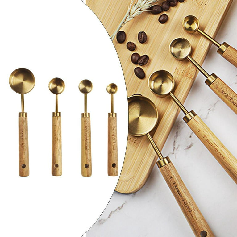 Copper Stainless Steel Measuring Cups and Spoons Set of 8, Wooden Handle  with US Measurements, Metric Cups and Spoons for cooking and baking