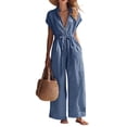thumbnail image 3 of IUYRTFE Women V Neck Short Sleeve Wide Leg Jumpsuit with Drawstring Waist and Pockets for Vacation Beach Summer, 3 of 6