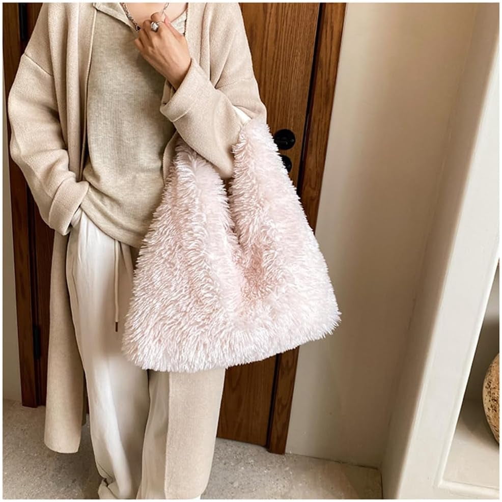 Faux Fur Hobo Shoulder Bag Furry Handbag Purse for Women Winter Y2k Fuzzy Plush Shoulder Tote Bag for Work Shopping